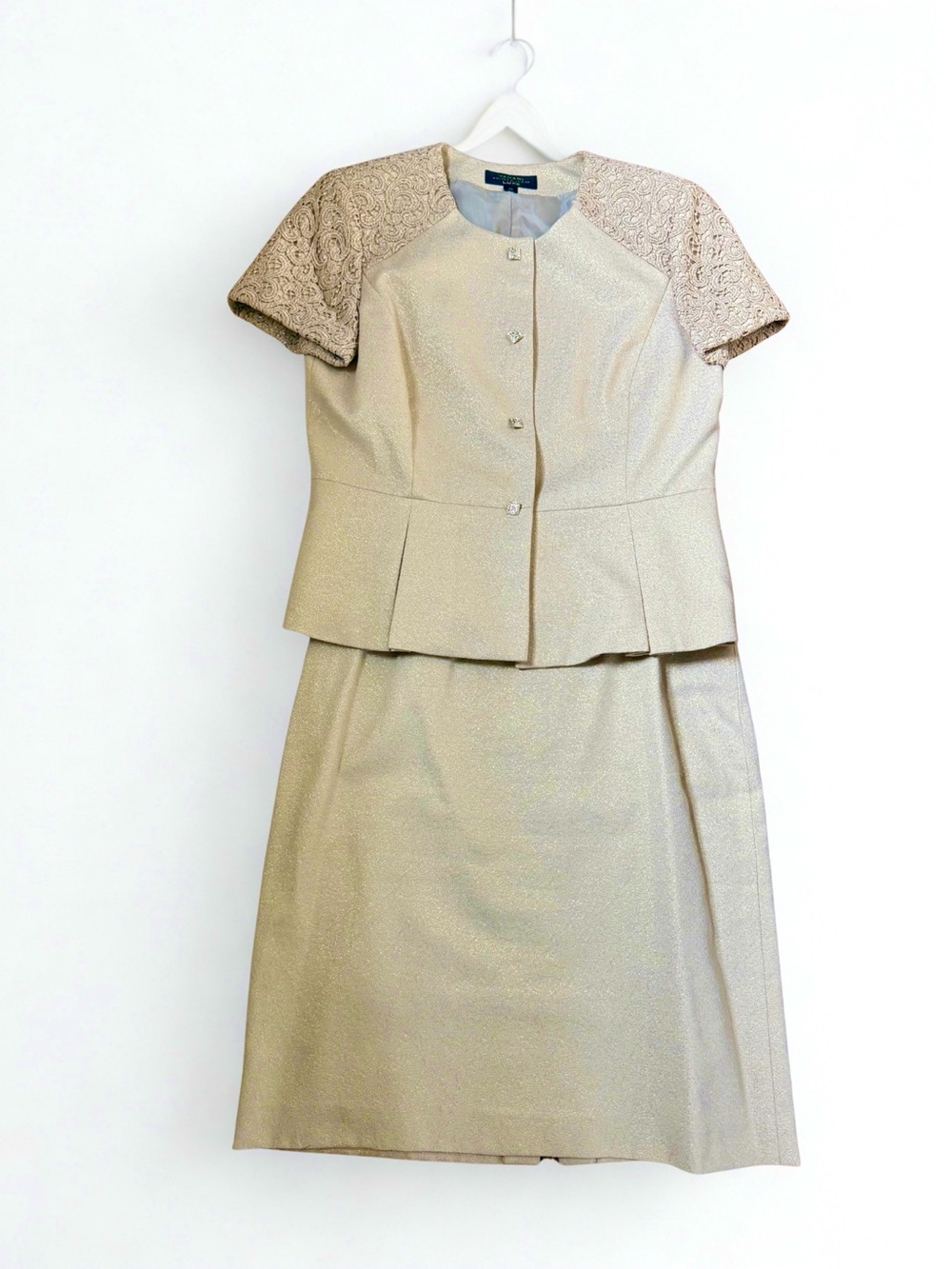 Tahari Luxe Champagne Gold Skirt Suit Set Size 12 Lace Sleeve Shimmer